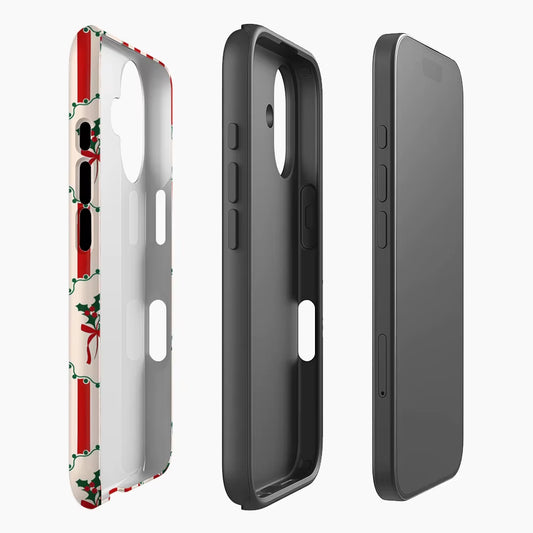 Christmas Holly Red & White Stripe iPhone Case – Double-Layer Back Cover Iphone 17, 16, 15, 14