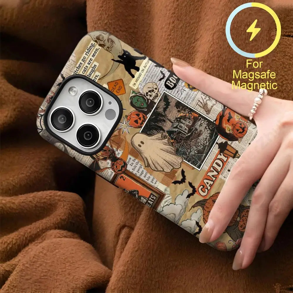 Vintage Halloween Collage Ghost & Pumpkin MagSafe Phone Case