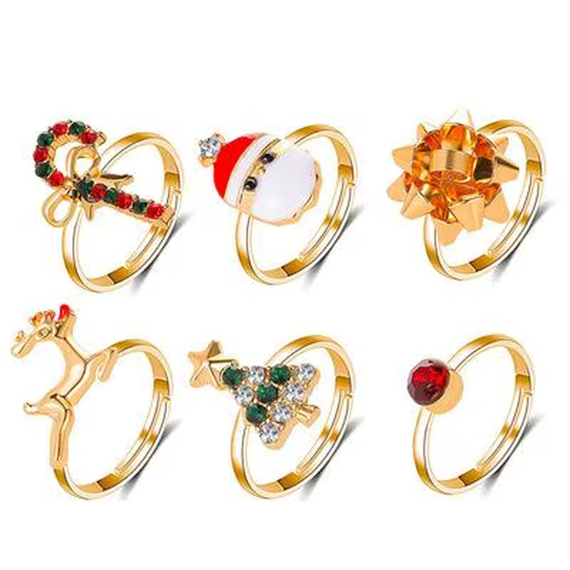 6-Piece Gold Christmas Ring Set for Women – Santa, Reindeer & Holiday Jewelry