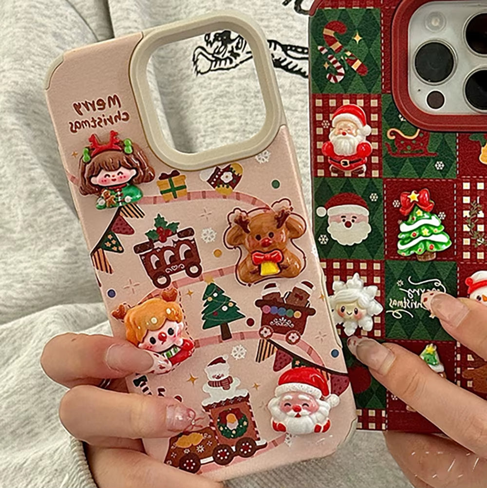 Merry Christmas 3D Santa & Elk Leather iPhone Case – Cute Cartoon Soft Cover (iPhone 16/15/14/12/11 Pro Max)