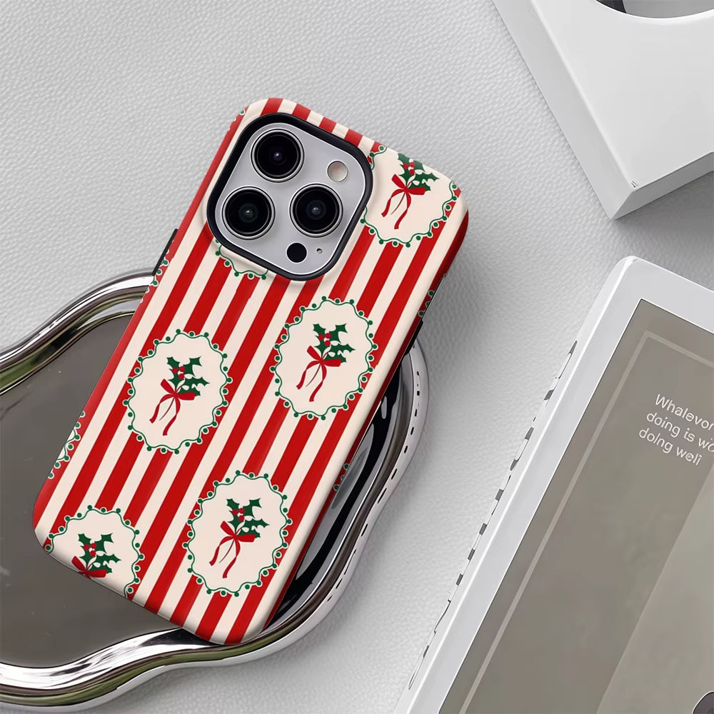 Christmas Holly Red & White Stripe iPhone Case – Double-Layer Back Cover Iphone 17, 16, 15, 14
