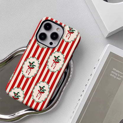 Christmas Holly Red & White Stripe iPhone Case – Double-Layer Back Cover Iphone 17, 16, 15, 14