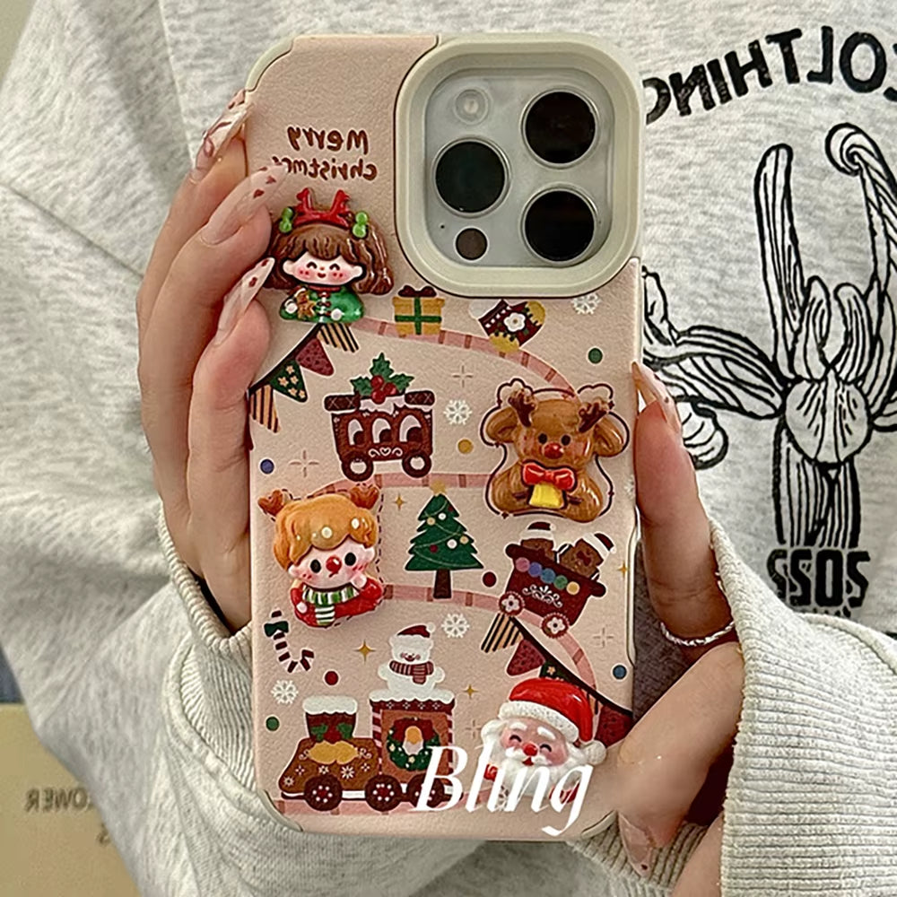 Merry Christmas 3D Santa & Elk Leather iPhone Case – Cute Cartoon Soft Cover (iPhone 16/15/14/12/11 Pro Max)