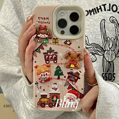 Merry Christmas 3D Santa & Elk Leather iPhone Case – Cute Cartoon Soft Cover (iPhone 16/15/14/12/11 Pro Max)