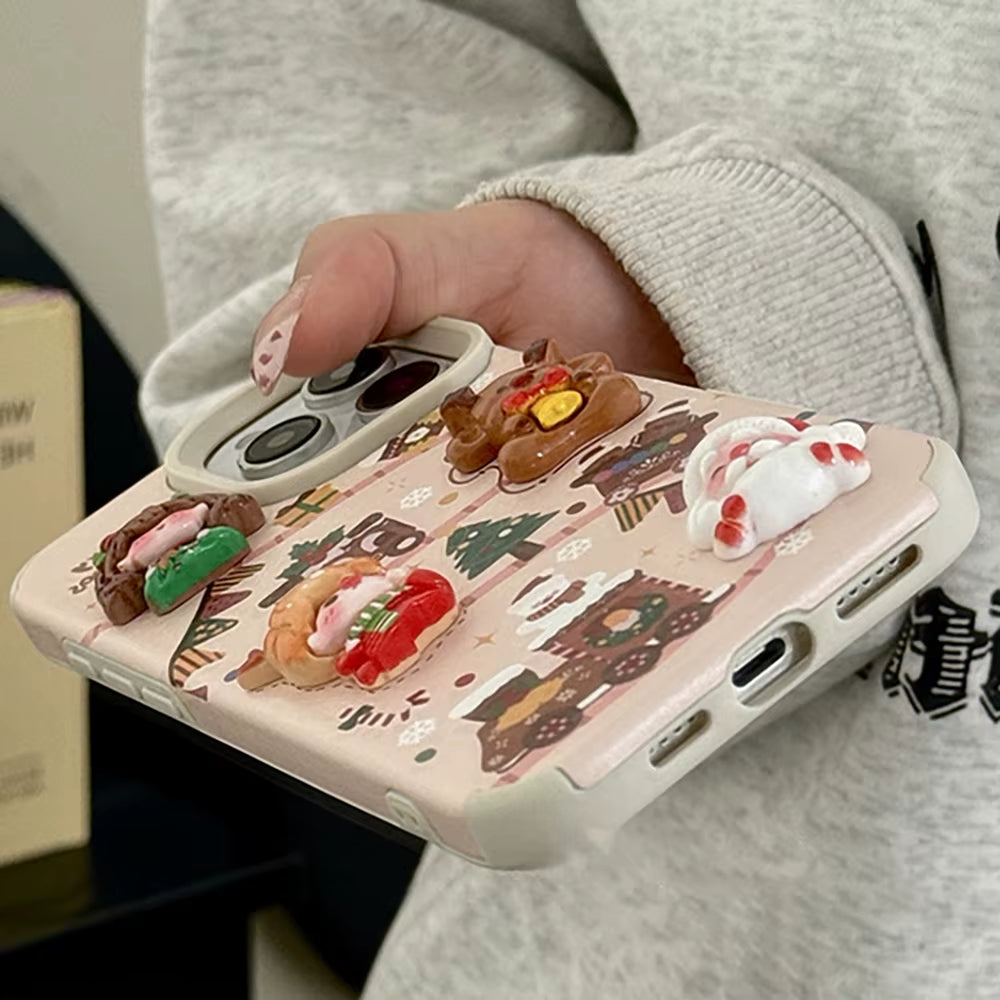 Merry Christmas 3D Santa & Elk Leather iPhone Case – Cute Cartoon Soft Cover (iPhone 16/15/14/12/11 Pro Max)