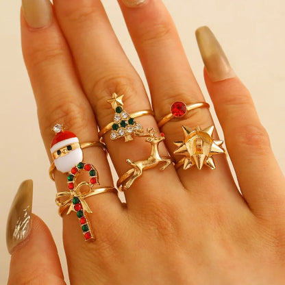 6-Piece Gold Christmas Ring Set for Women – Santa, Reindeer & Holiday Jewelry
