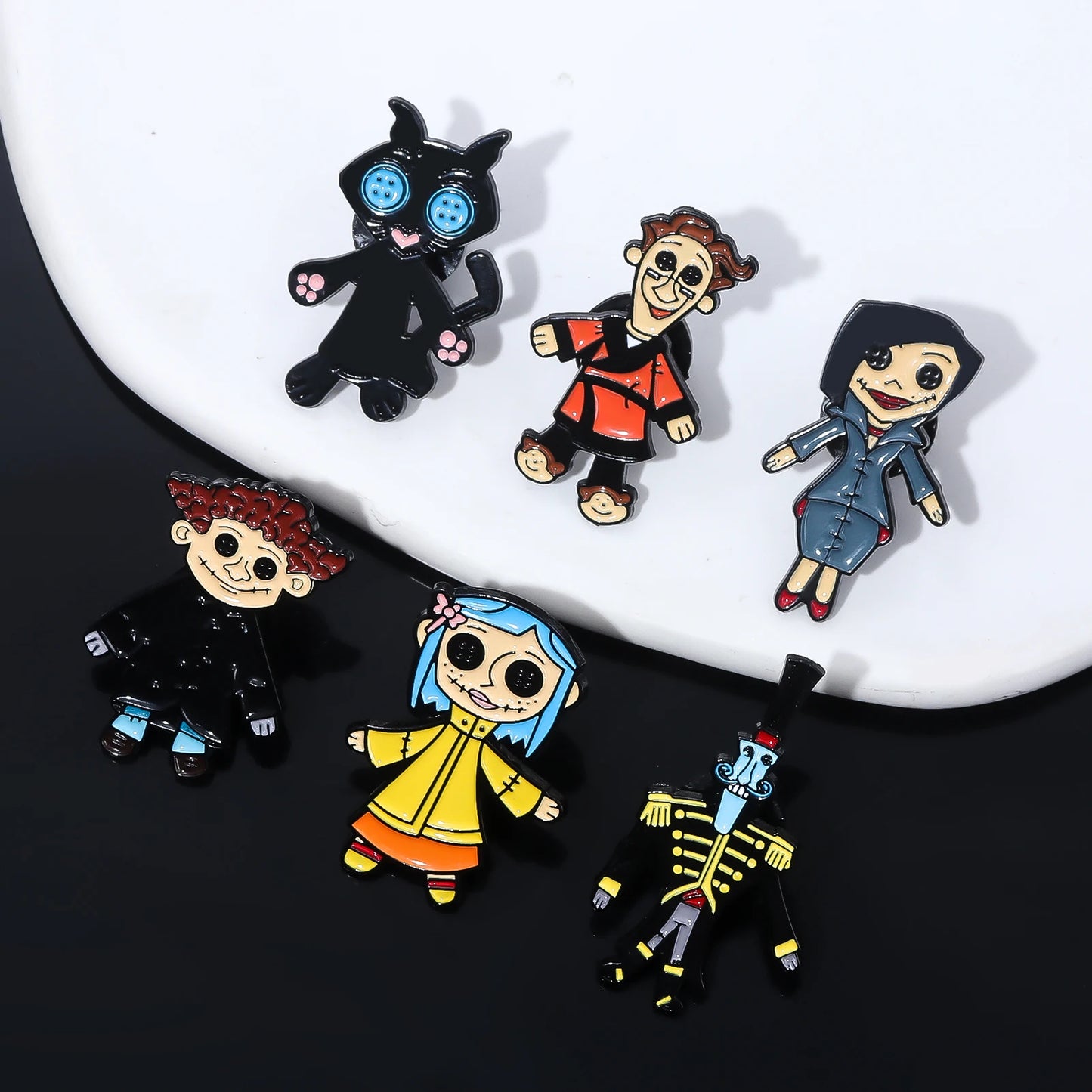 Button Eyed Characters, Cartoon-Inspired Enamel Pins – Spooky Doll, Blue-Haired Girl & Black Cat Designs