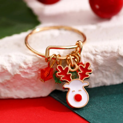 New Christmas Elk Santa Ring for Women Fashion Cute Gold Color Drip Glaze Adjustable Finger Holiday Party Jewelry
