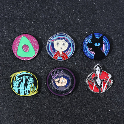 Button Eyed Characters, Cartoon-Inspired Enamel Pins – Spooky Doll, Blue-Haired Girl & Black Cat Designs