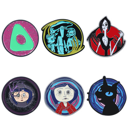 Button Eyed Characters, Cartoon-Inspired Enamel Pins – Spooky Doll, Blue-Haired Girl & Black Cat Designs