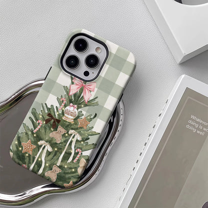 Christmas Tree Green Checkerboard iPhone Case – Double-Layer Back Cover (iPhone 17/16/15/14 Pro Max)