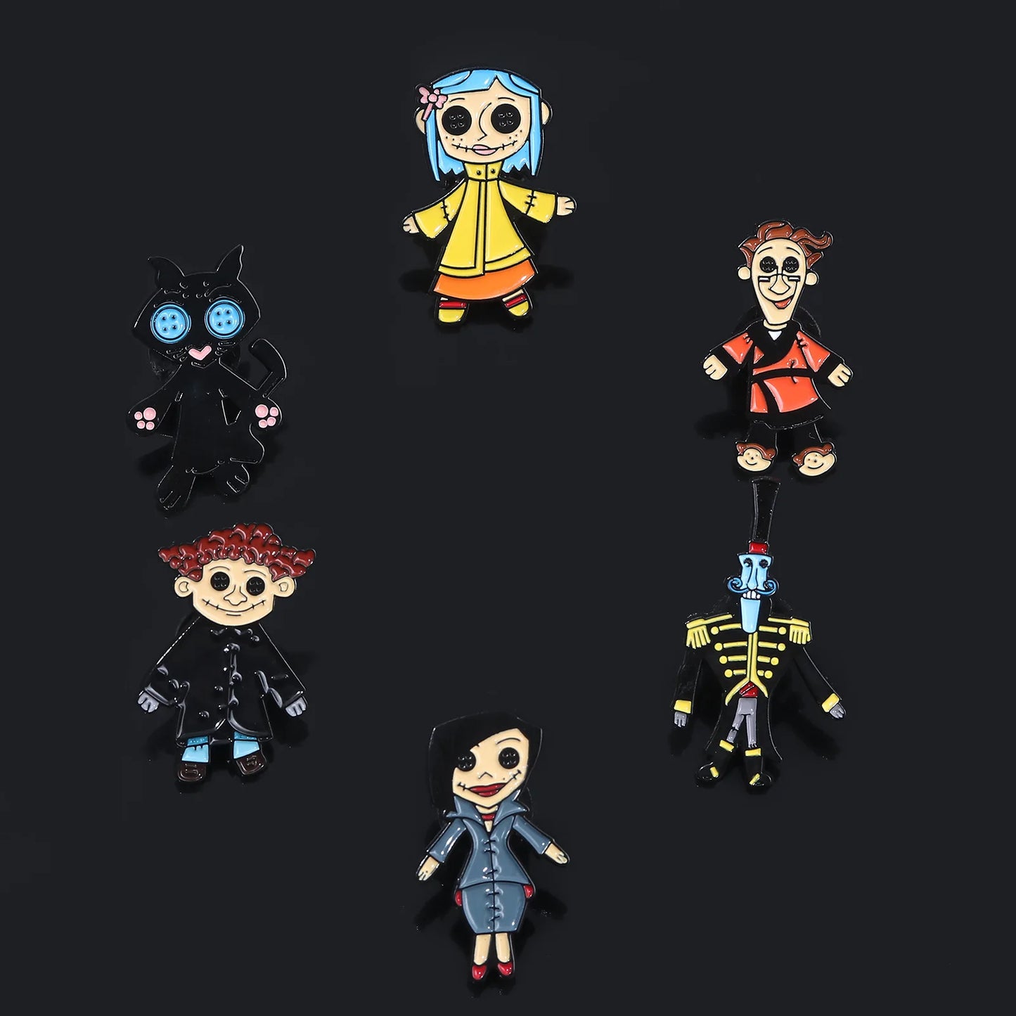 Button Eyed Characters, Cartoon-Inspired Enamel Pins – Spooky Doll, Blue-Haired Girl & Black Cat Designs