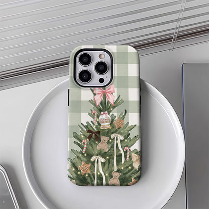 Christmas Tree Green Checkerboard iPhone Case – Double-Layer Back Cover (iPhone 17/16/15/14 Pro Max)