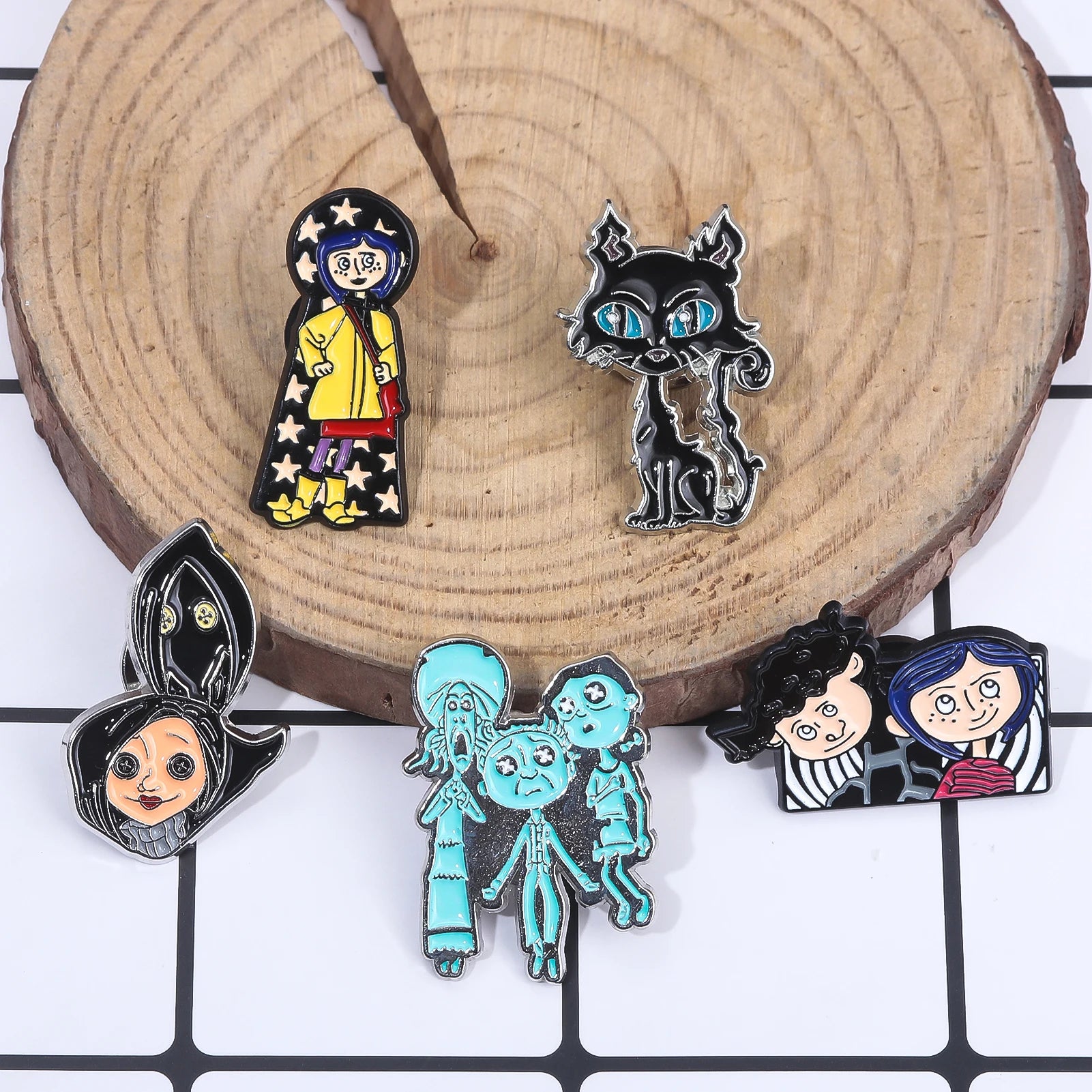 Button Eyed Characters, Cartoon-Inspired Enamel Pins – Spooky Doll, Blue-Haired Girl & Black Cat Designs