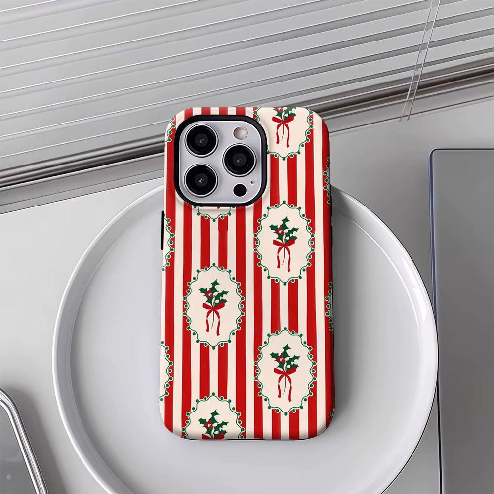 Christmas Holly Red & White Stripe iPhone Case – Double-Layer Back Cover Iphone 17, 16, 15, 14