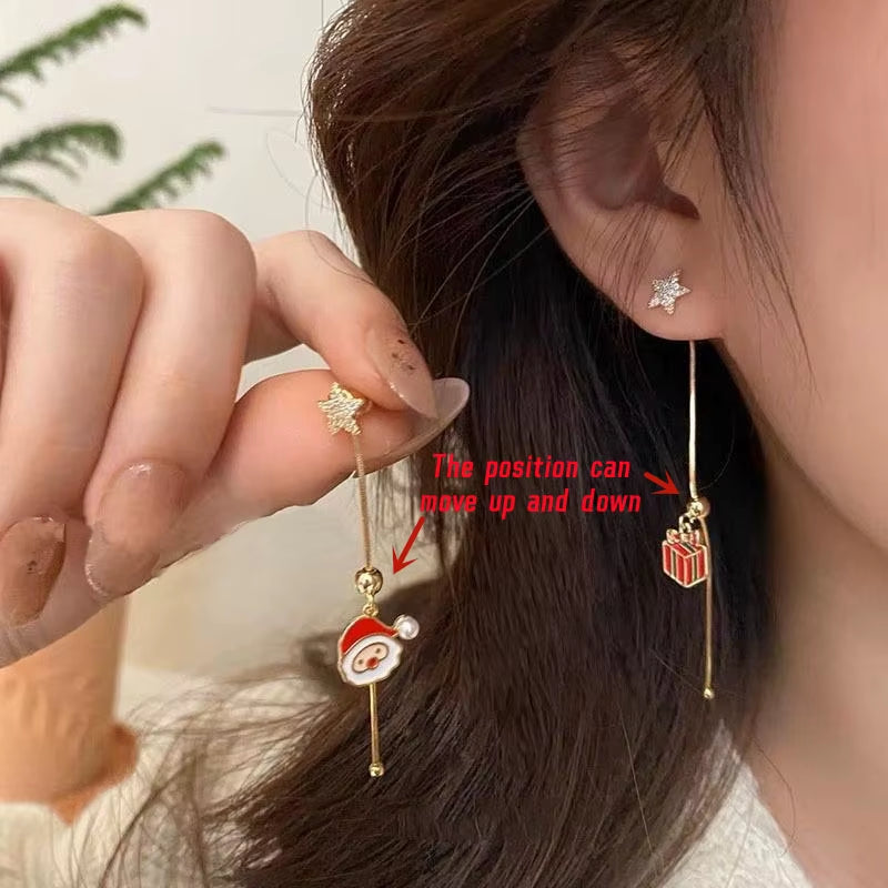 Cute Santa & Christmas Tree Dangle Earrings for Women – Asymmetric Holiday Tassel Jewelry