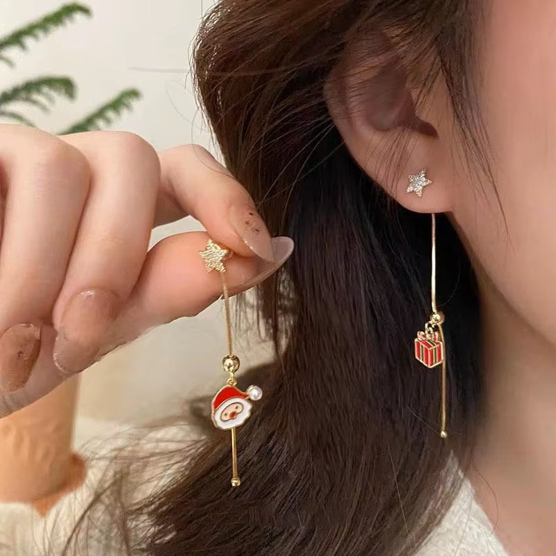 Cute Santa & Christmas Tree Dangle Earrings for Women – Asymmetric Holiday Tassel Jewelry