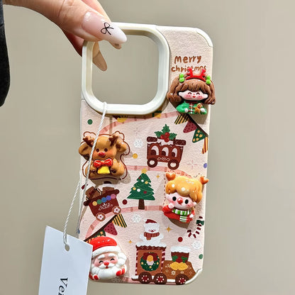 Merry Christmas 3D Santa & Elk Leather iPhone Case – Cute Cartoon Soft Cover (iPhone 16/15/14/12/11 Pro Max)