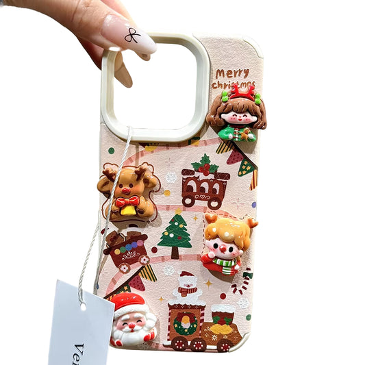 Merry Christmas 3D Santa & Elk Leather iPhone Case – Cute Cartoon Soft Cover (iPhone 16/15/14/12/11 Pro Max)